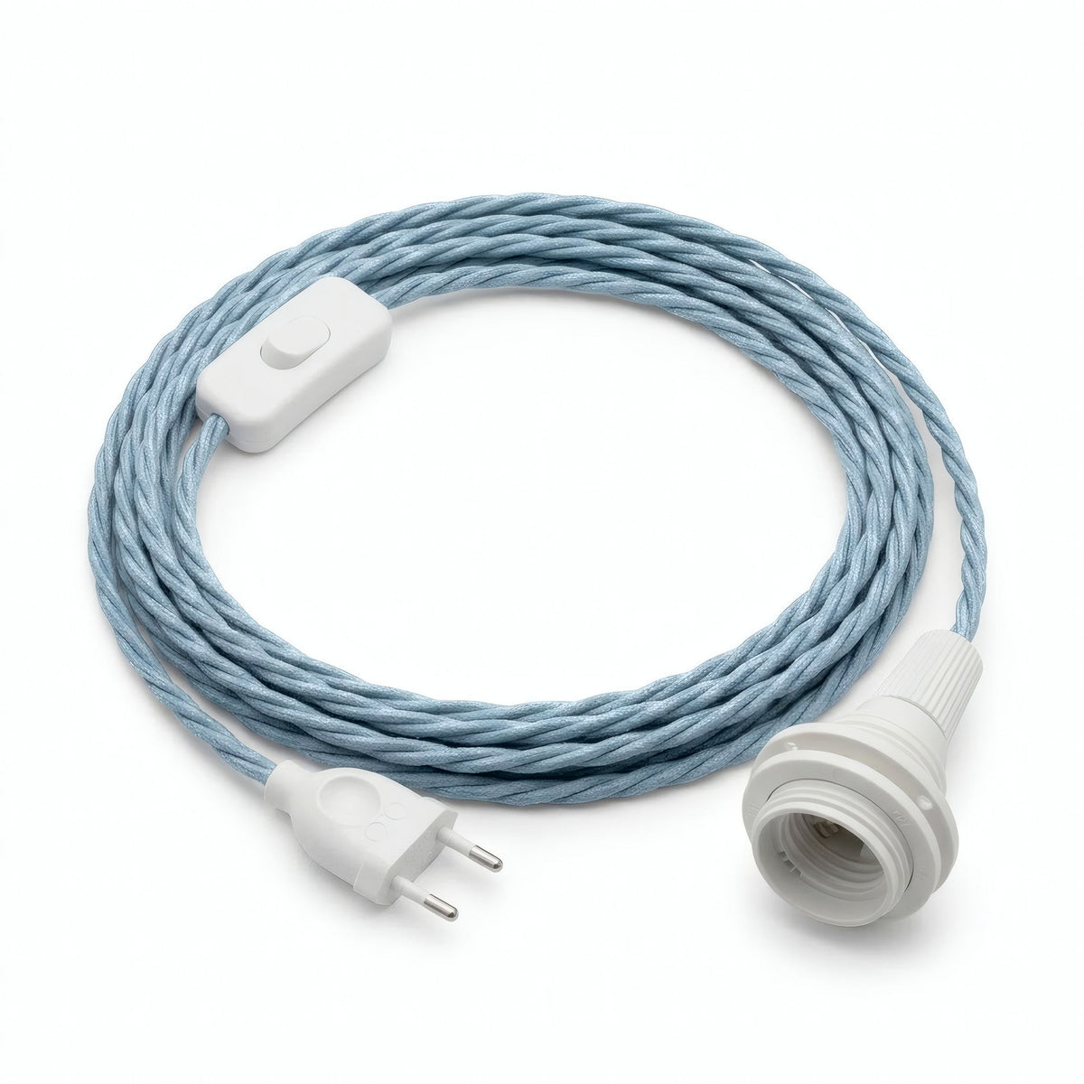 Twisted fabric cable pendant light, ocean blue cotton, E14 socket with shade rings