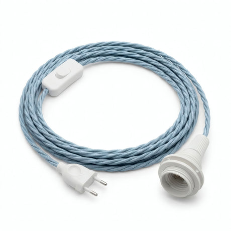 Twisted fabric cable pendant light, ocean blue cotton, E14 socket with shade rings