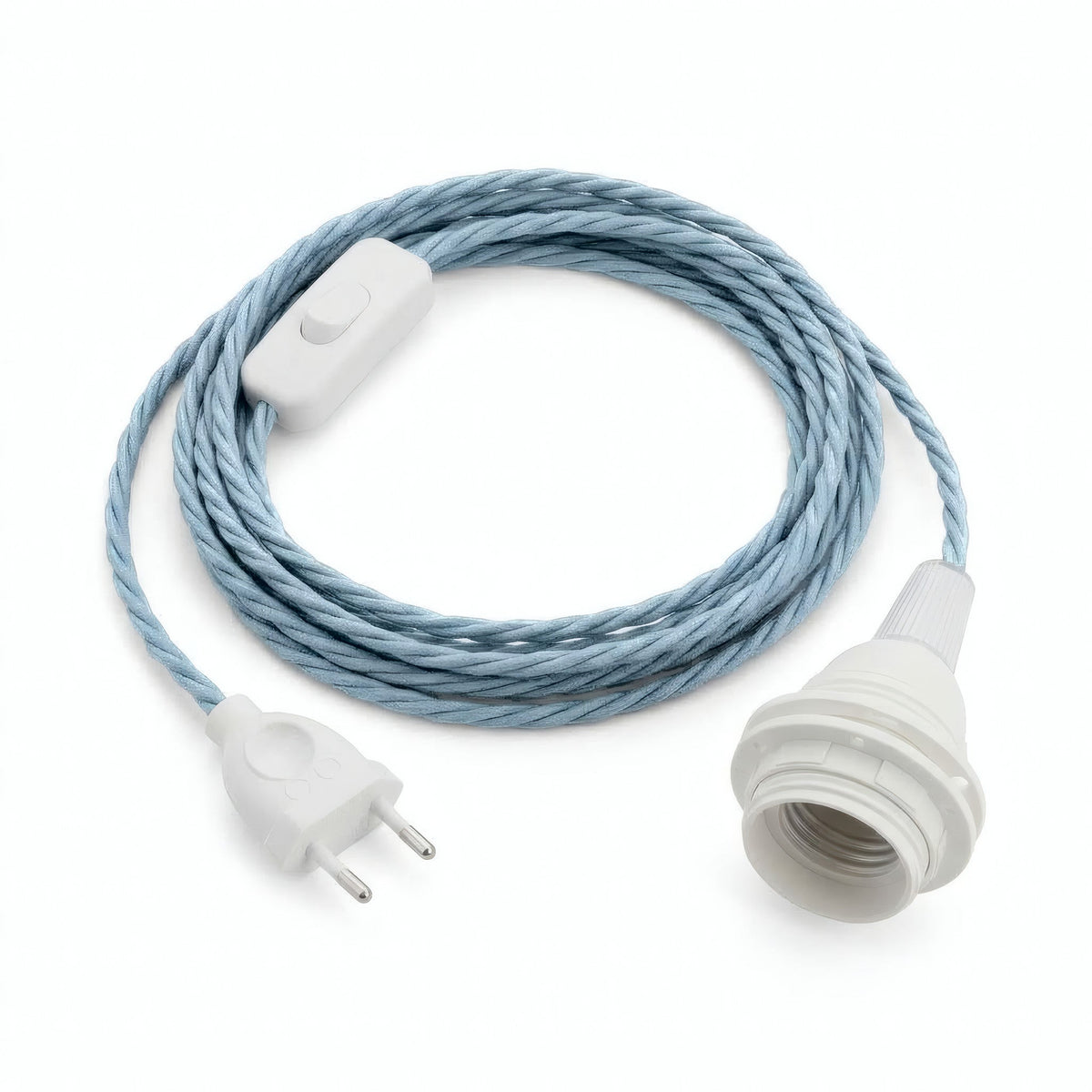Twisted fabric cable pendant light, ocean blue cotton, E27 socket with shade rings