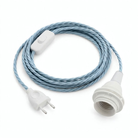 Twisted fabric cable pendant light, ocean blue cotton, E27 socket with shade rings