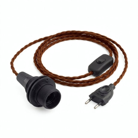 Twisted fabric cable pendant light, cinnamon brown cotton, E14 socket with shade rings