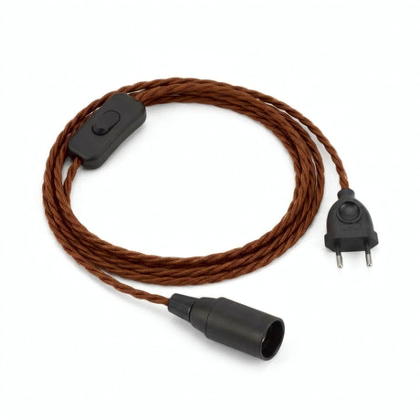 Twisted fabric cable pendant light, cinnamon brown cotton, E14 socket
