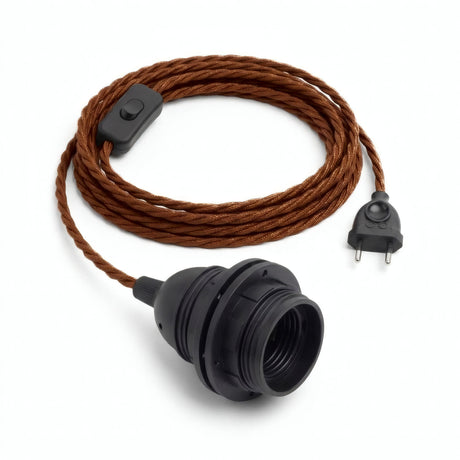 Twisted fabric cable pendant light, cinnamon brown cotton, E27 socket with shade rings