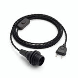Twisted fabric cable pendant light, charcoal black cotton, E14 socket with shade rings