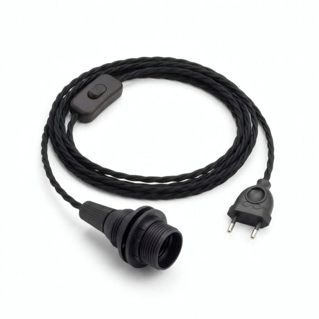 Twisted fabric cable pendant light, charcoal black cotton, E14 socket with shade rings