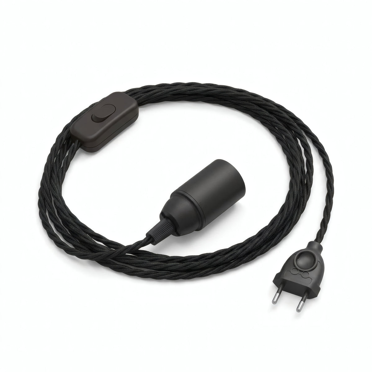Twisted fabric cable pendant light, charcoal black cotton, E14 socket