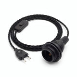 Twisted fabric cable pendant light, charcoal black cotton, E27 socket with shade rings