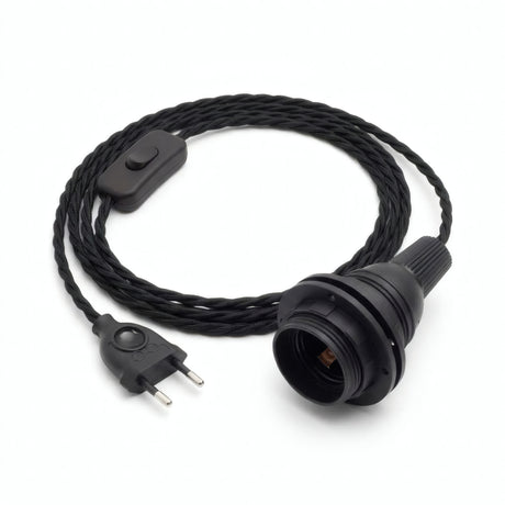 Twisted fabric cable pendant light, charcoal black cotton, E27 socket with shade rings