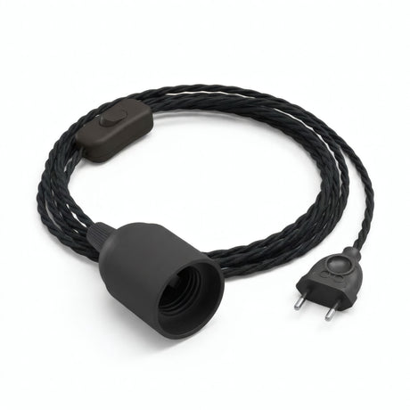 Twisted fabric cable pendant light, charcoal black cotton, E27 socket