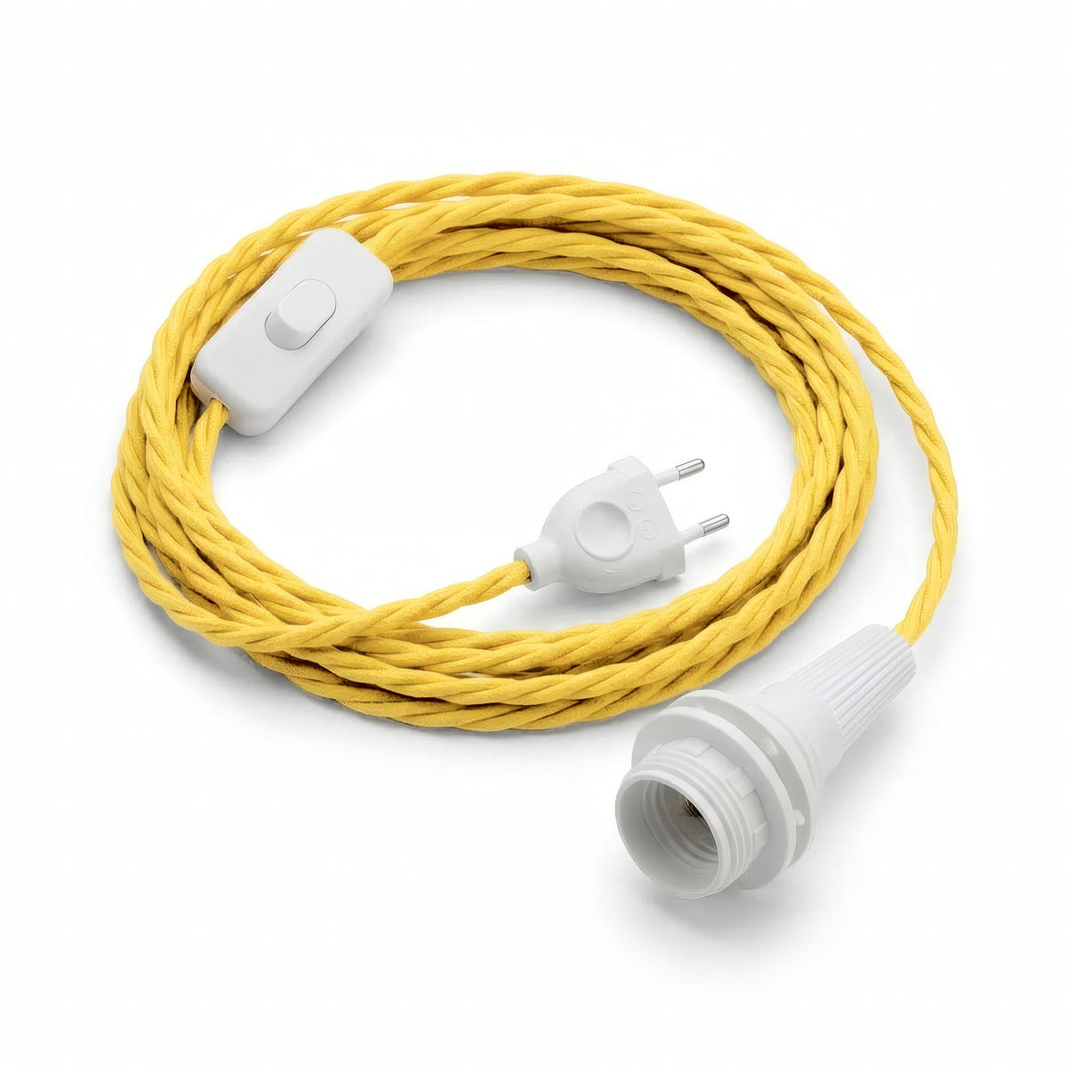 Twisted fabric cable pendant light, corn yellow silk effect, E14 socket with shade rings