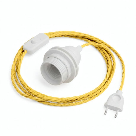 Twisted fabric cable pendant light, corn yellow silk effect, E27 socket with shade rings