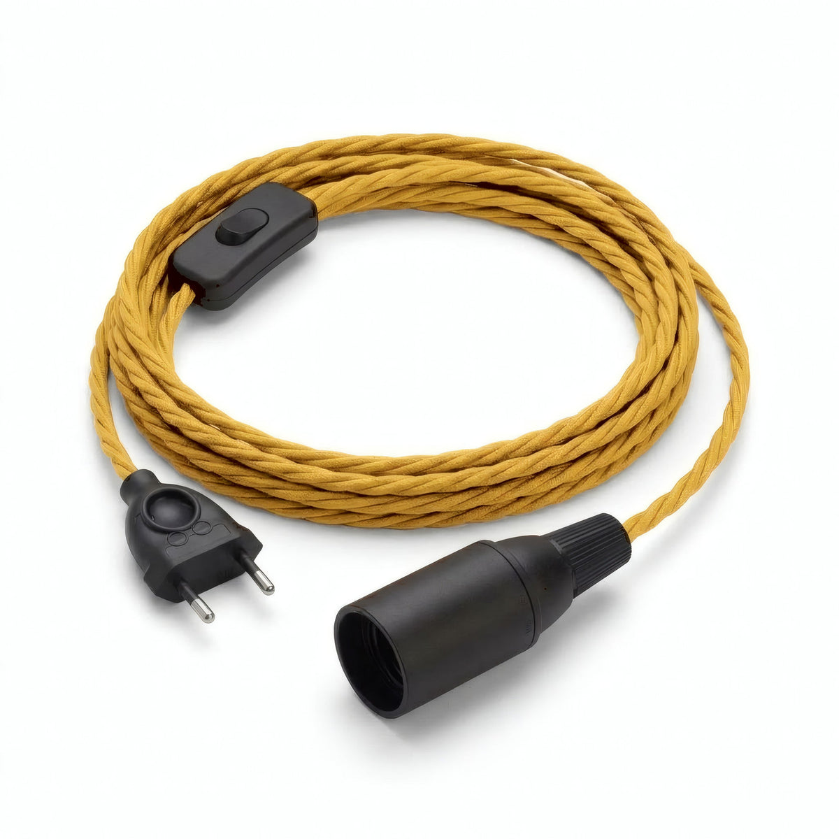 Twisted fabric cable pendant light, mustard yellow silk effect, E14 socket