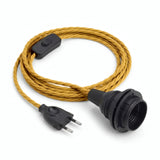 Twisted fabric cable pendant light, mustard yellow silk effect, E27 socket with shade rings