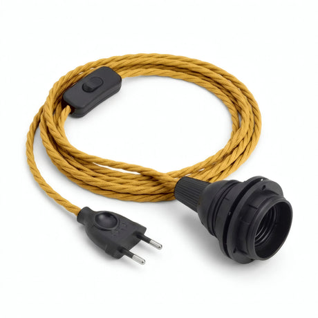 Twisted fabric cable pendant light, mustard yellow silk effect, E27 socket with shade rings
