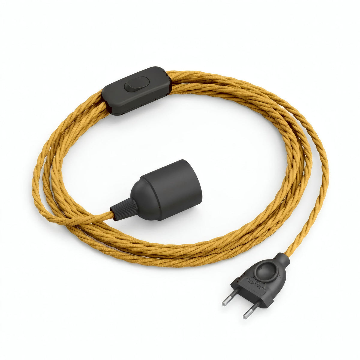Twisted fabric cable pendant light, mustard yellow silk effect, E27 socket