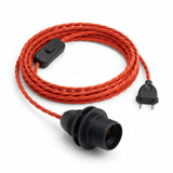 Twisted fabric cable pendant light, fire red silk effect, E14 socket with shade rings