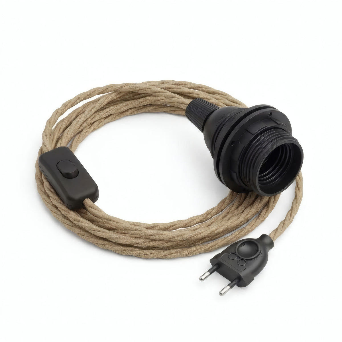 Twisted fabric cable pendant light, natural jute, E27 socket with shade rings