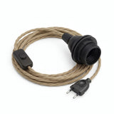 Twisted fabric cable pendant light, natural jute, E27 socket with shade rings
