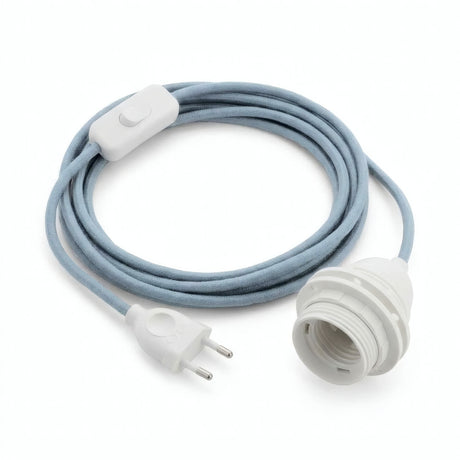 Plain fabric cable pendant light, ocean blue cotton, E27 socket with shade rings