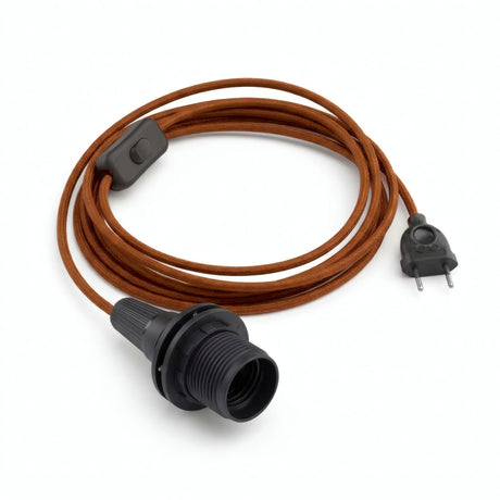 Plain fabric cable pendant light, cinnamon brown cotton, E14 socket with shade rings