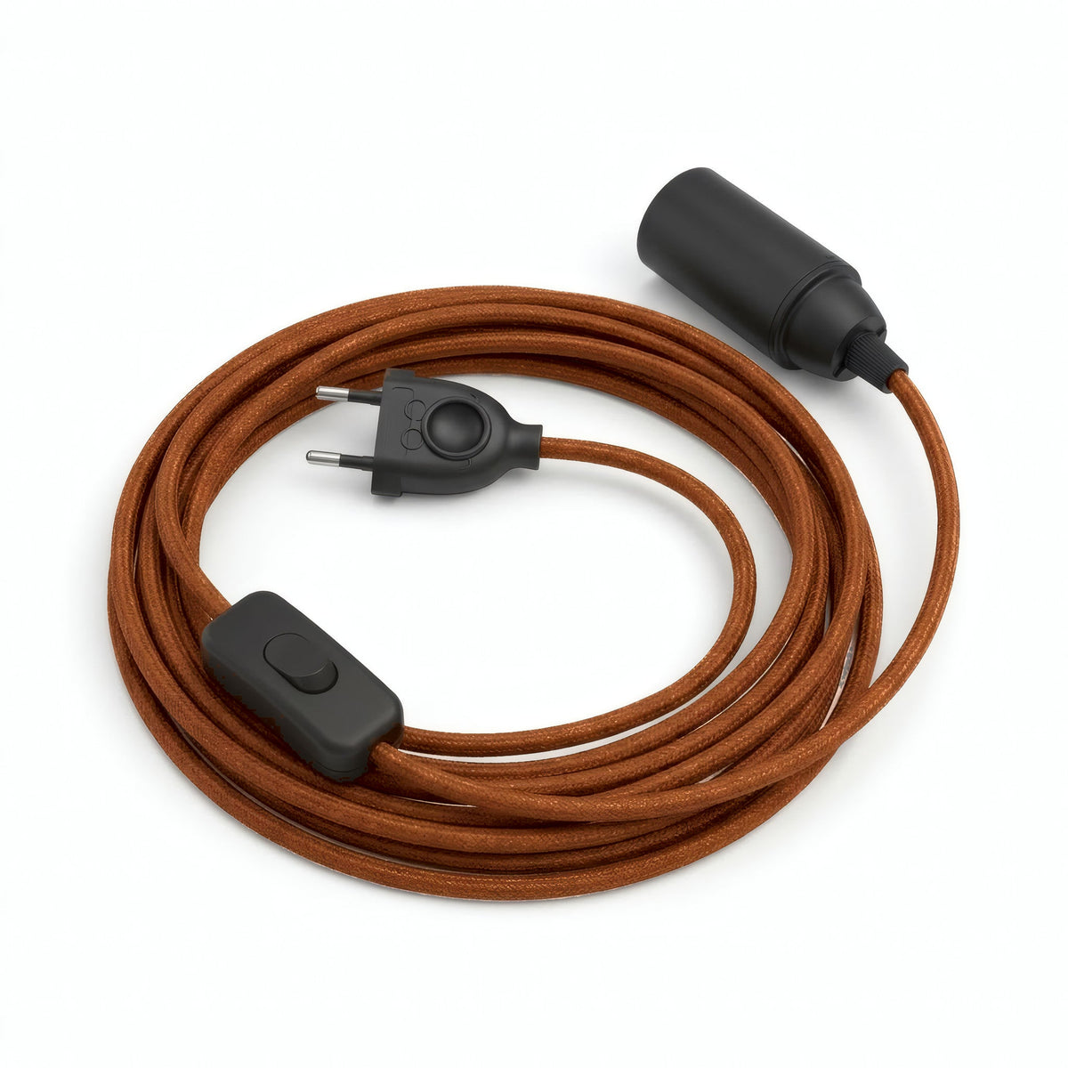 Plain fabric cable pendant light, cinnamon brown cotton, E14 socket