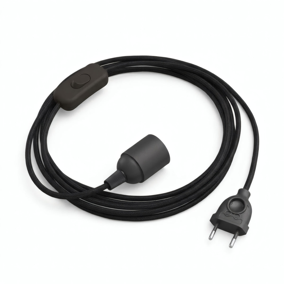 Plain fabric cable pendant light, charcoal black cotton, E27 socket