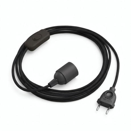 Plain fabric cable pendant light, charcoal black cotton, E27 socket