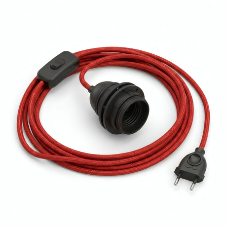 Plain fabric cable pendant light, fire red cotton, E27 socket with shade rings
