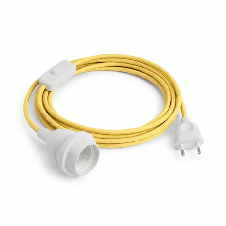 Plain fabric cable pendant light, corn yellow silk effect, E27 socket with shade rings