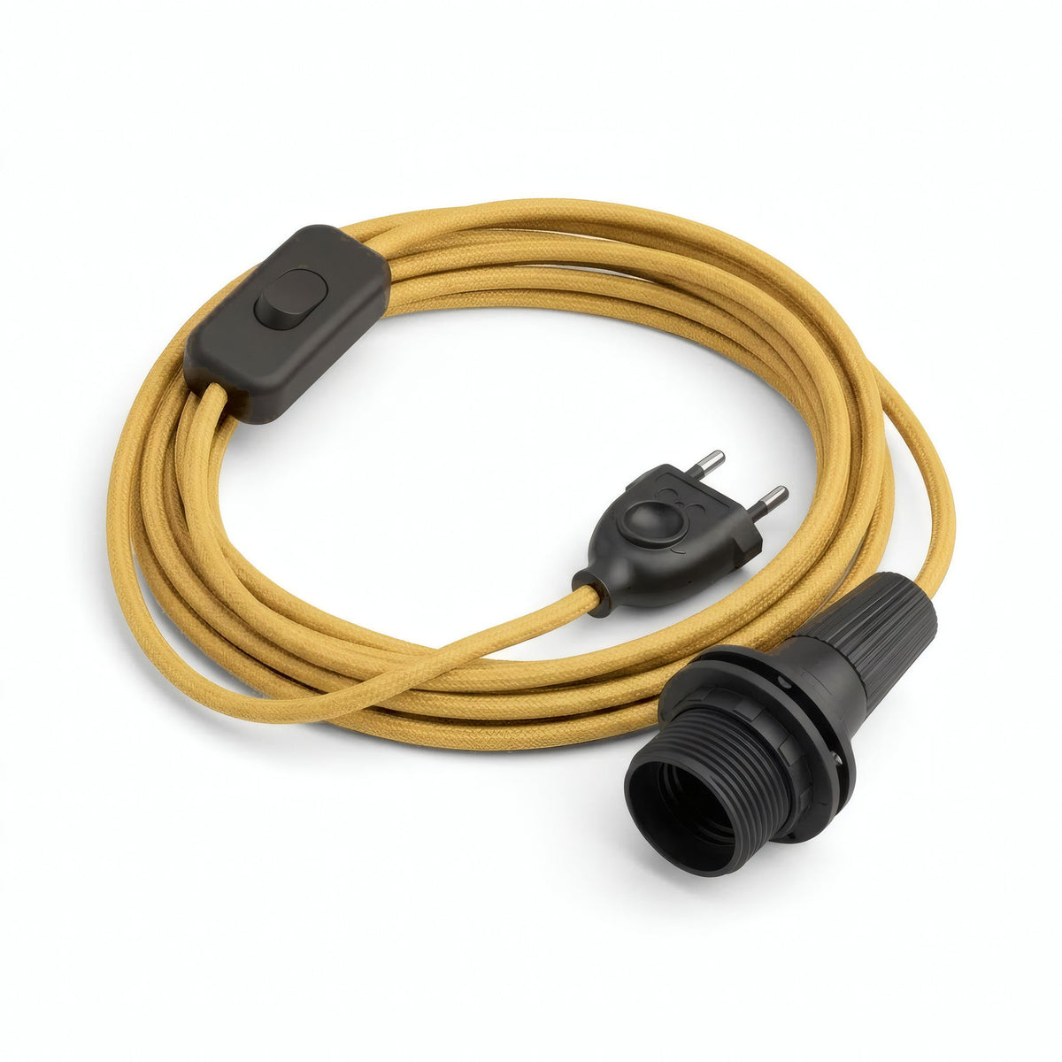 Plain fabric cable pendant light, mustard yellow silk effect, E14 socket with shade rings