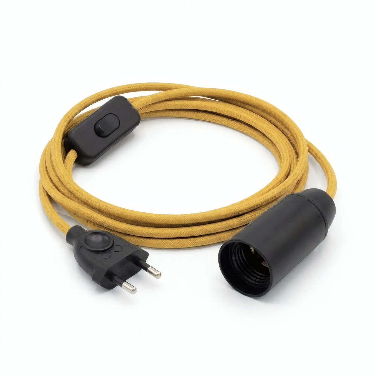Plain fabric cable pendant light, mustard yellow silk effect, E14 socket