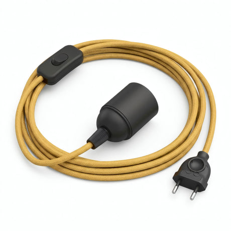 Plain fabric cable pendant light, mustard yellow silk effect, E27 socket