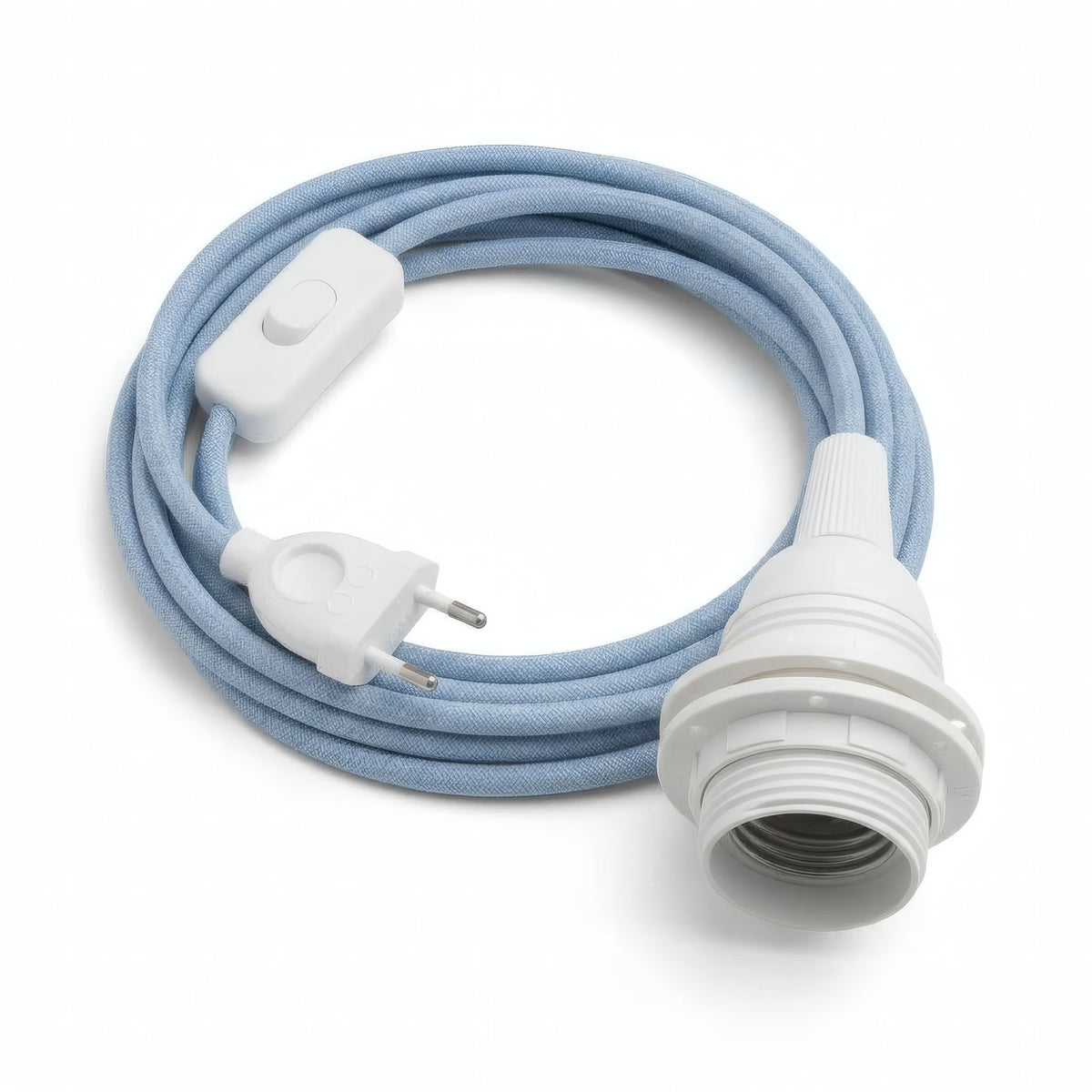 Zigzag fabric cable pendant light, steward blue and beige cotton-linen, E27 socket with shade rings