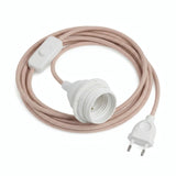 Zigzag fabric cable pendant light, antique pink and beige cotton-linen, E27 socket with shade rings