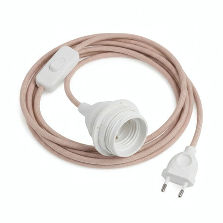 Zigzag fabric cable pendant light, antique pink and beige cotton-linen, E27 socket with shade rings