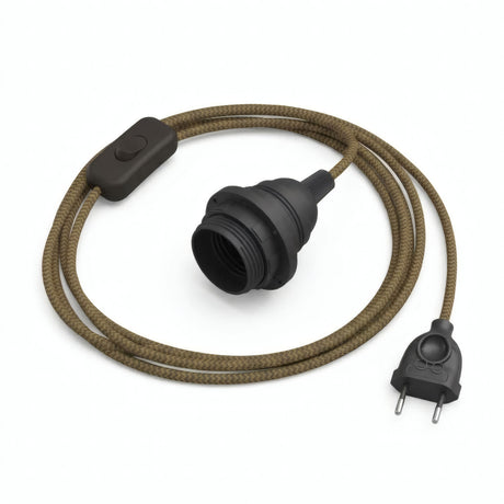 Zigzag fabric cable pendant light, golden honey and anthracite grey cotton, E27 socket with shade rings
