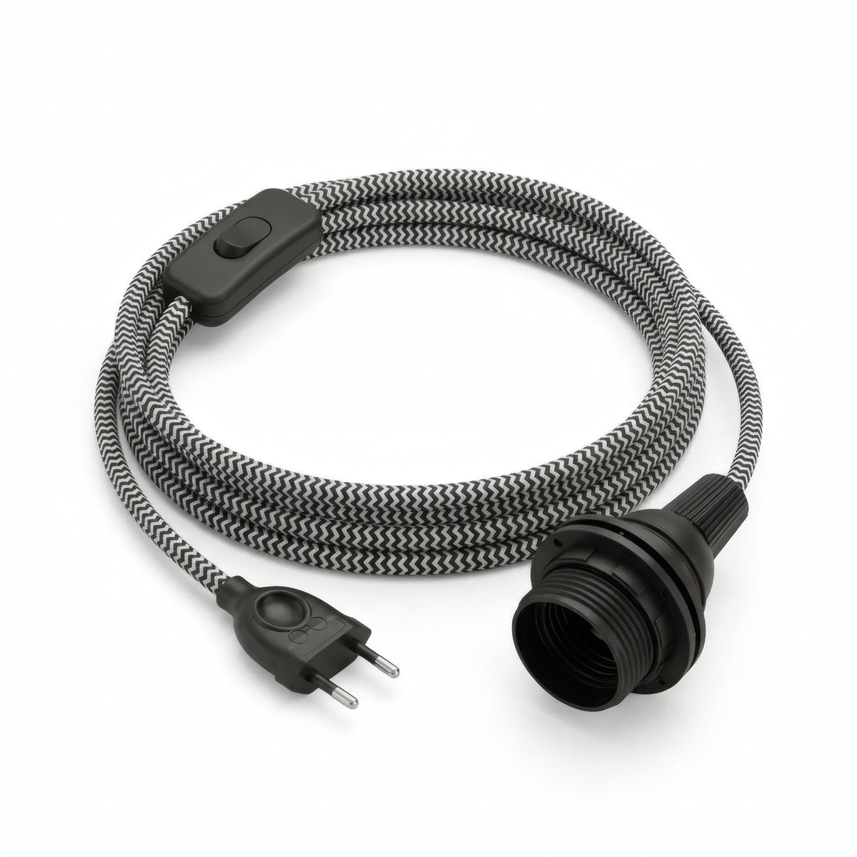 Zigzag fabric cable pendant light, charcoal black and optical white silk effect, E27 socket with shade rings