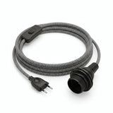 Zigzag fabric cable pendant light, charcoal black and optical white silk effect, E27 socket with shade rings