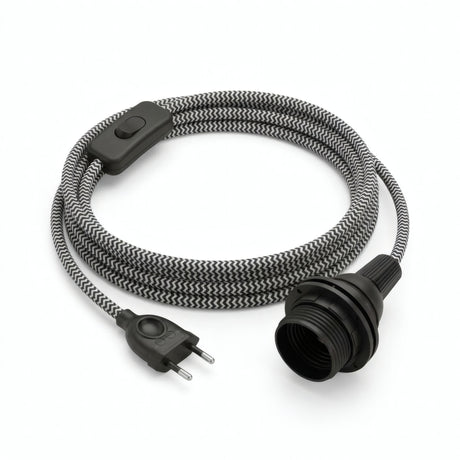 Zigzag fabric cable pendant light, charcoal black and optical white silk effect, E27 socket with shade rings
