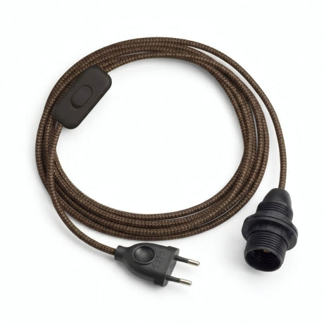 Zigzag fabric cable pendant light, gold and charcoal black silk effect, E14 socket with shade rings