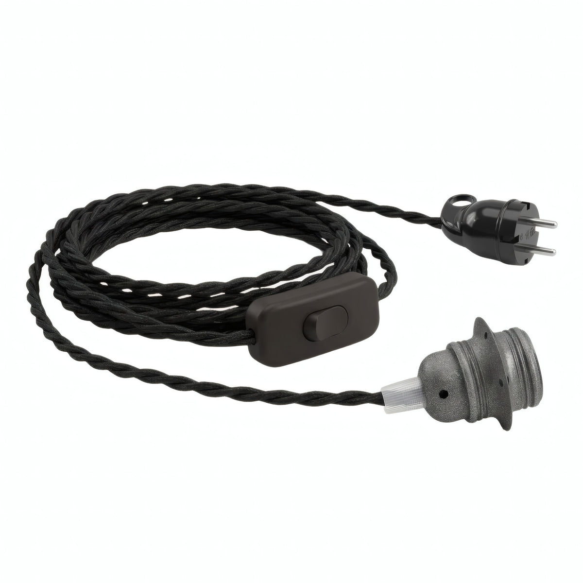 Twisted fabric cable pendant light, metal socket in dark grey, Schuko plug, alternative view