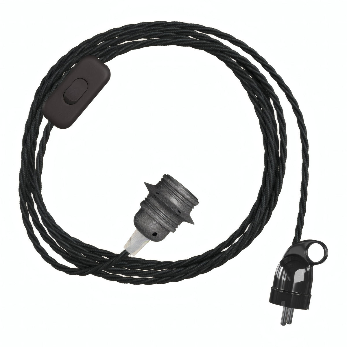 Twisted fabric cable pendant light, metal socket in dark grey, Schuko plug
