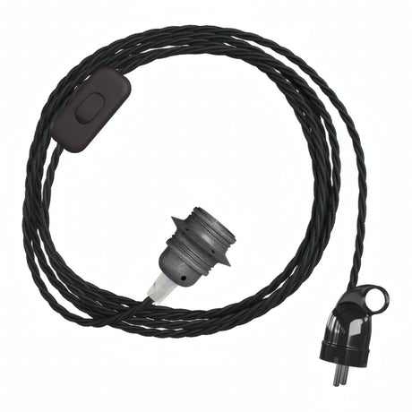 Twisted fabric cable pendant light, metal socket in dark grey, Schuko plug