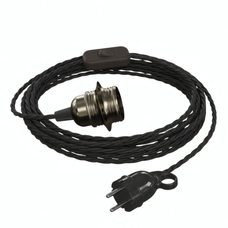 Twisted fabric cable pendant light, metal socket in black pearl, Schuko plug, alternative view