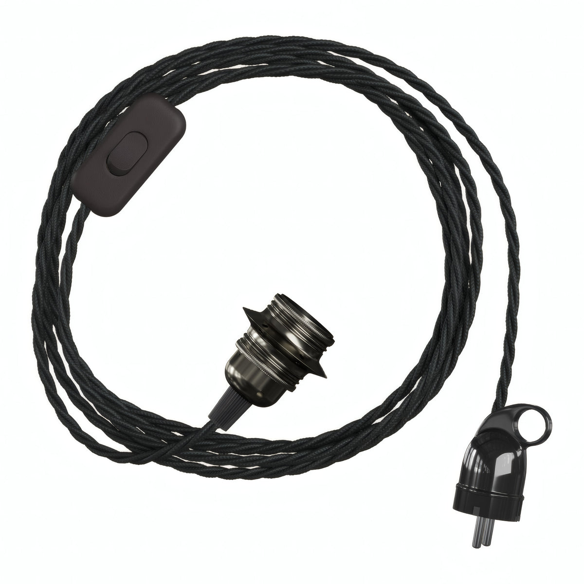 Twisted fabric cable pendant light, metal socket in black pearl, Schuko plug