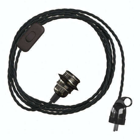 Twisted fabric cable pendant light, metal socket in black pearl, Schuko plug
