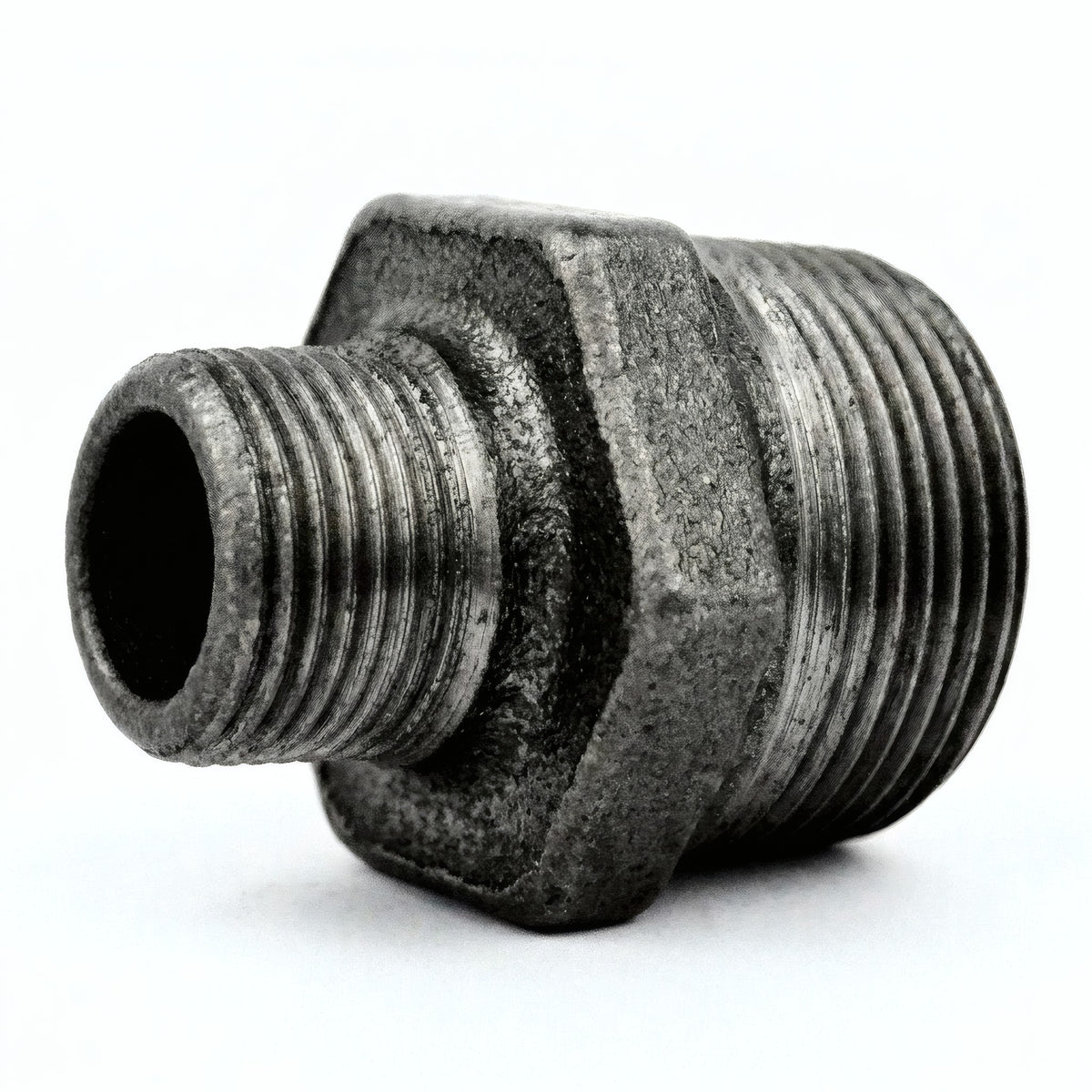 Reducing nipple in black cast iron - product photo on white background 3