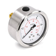 Manomètre axial inox à bain de silicone 0-10 bar, vue trois-quarts avant, bouchon de remplissage