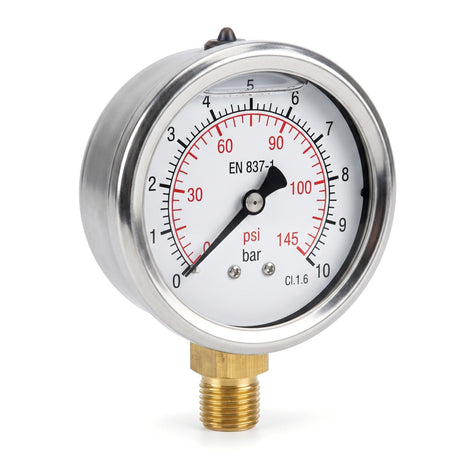 Manomètre radial inox à bain de silicone 0-10 bar, vue trois-quarts avant