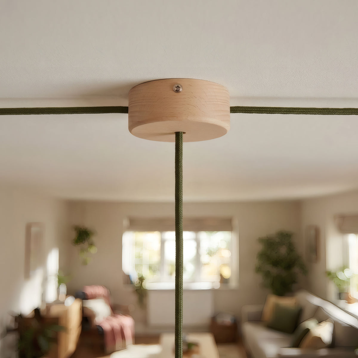 Mini cylindrical wooden ceiling rose, Ø 88 mm — 1 central hole and 2 side holes / Natural